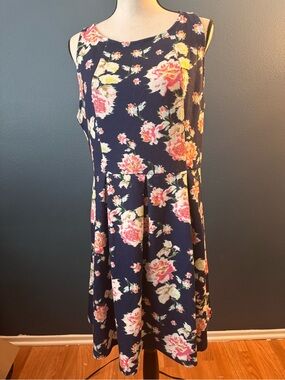 Xhilaration Navy Floral Sleeveless Midi Dress with Pink Rose Print
